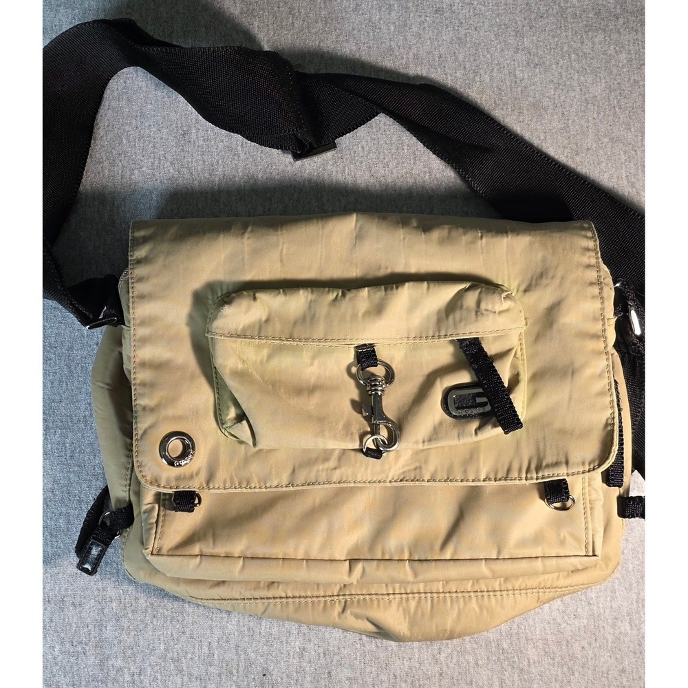 Guess Messenger Bag Tan Nylon Y2K Crossbody Shoulder Bag Multi Pocket Khaki